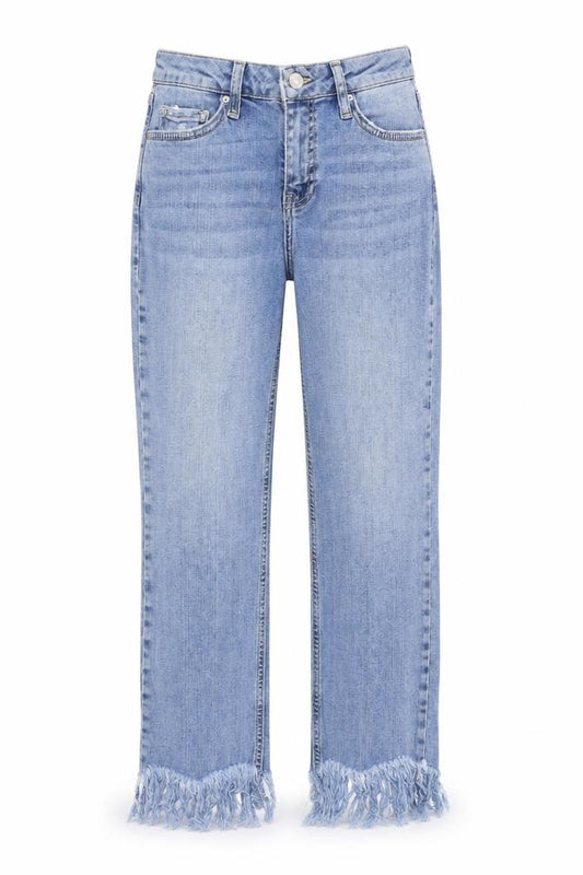 Front view of Topshop women’s blue cotton straight jeans, size UK 26, in regular zip