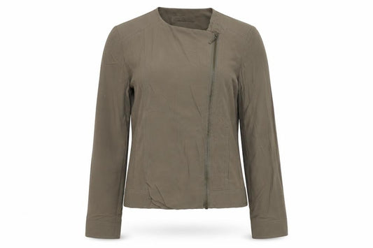 Front view of ANNE WEYBURN women’s green biker jacket, size UK 12, zip