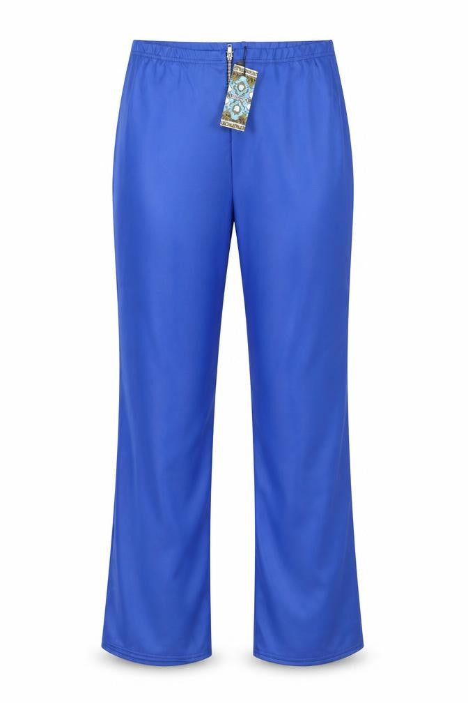 Front view of Boohoo women’s blue polyester trousers, size UK 10, 30-inch leg regular zip