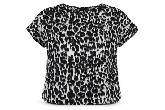 Front view of Capsule women’s beige animal print polyester basic blouse, size UK 12, round neck - leopard print