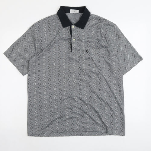 Professional Mens Grey Geometric Cotton Polo Size L Collared Button