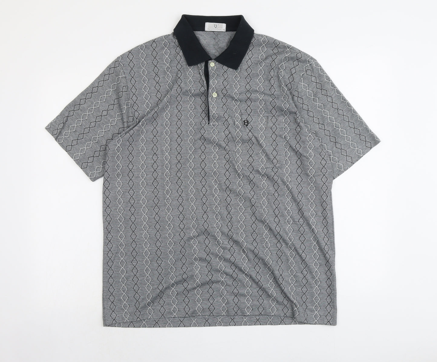 Professional Mens Grey Geometric Cotton Polo Size L Collared Button