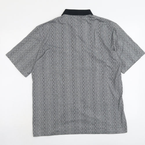 Professional Mens Grey Geometric Cotton Polo Size L Collared Button