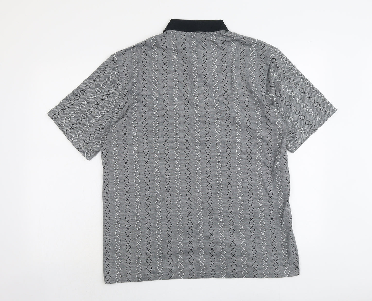 Professional Mens Grey Geometric Cotton Polo Size L Collared Button