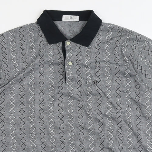 Professional Mens Grey Geometric Cotton Polo Size L Collared Button