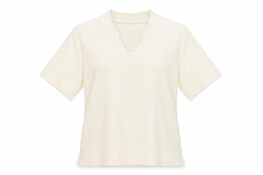 Front view of Poppy women’s ivory polyester basic t-shirt, size UK 18, v-neck