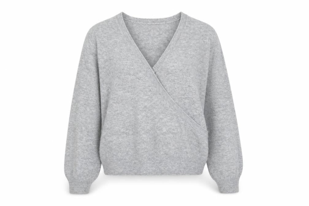 Front view of Miss Selfridge women’s grey v-neck acrylic jumper, size UK 6