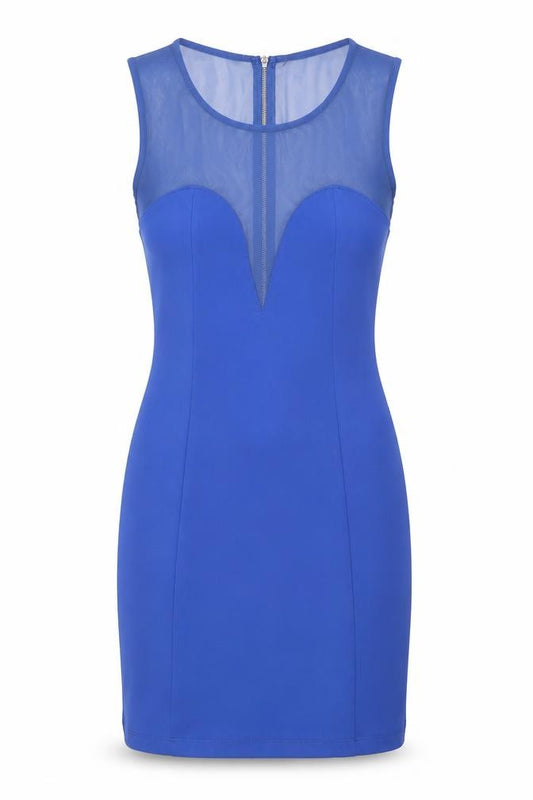 Front view of Topshop women’s blue polyester mini, size UK 10, boat neck zip - mesh panel