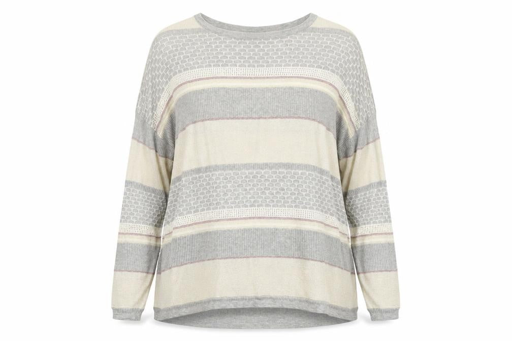 Front view of Warehouse women’s multicoloured round neck geometric viscose jumper, size UK 12