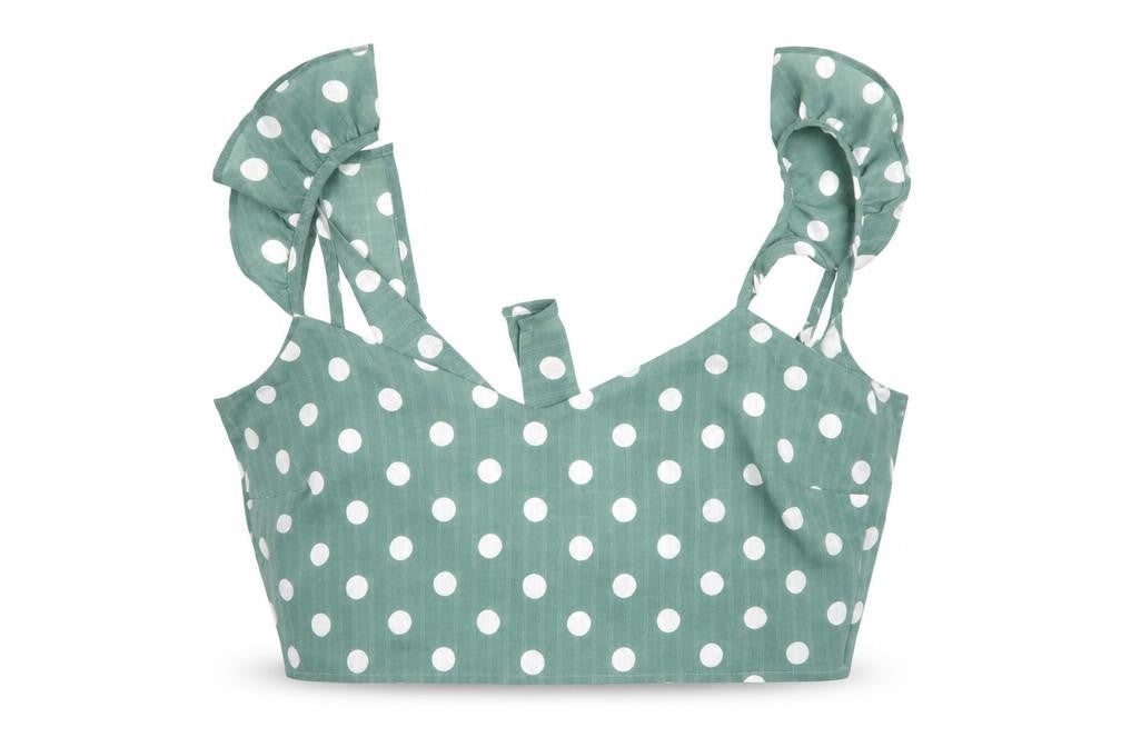 Front view of Minpink women’s green polka dot polyester cropped tank, size L, v-neck