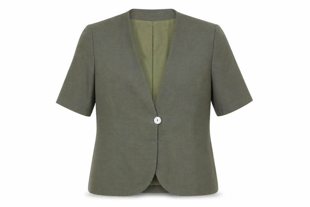 Front view of Paul Separates women’s green viscose jacket blazer, size UK 12