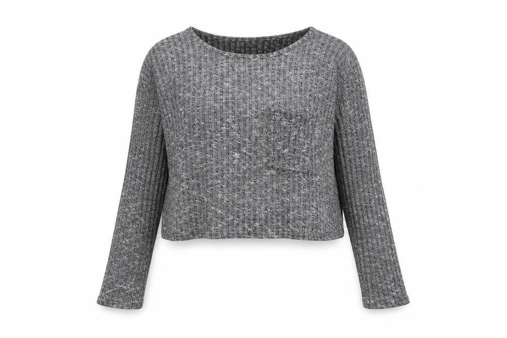 Front view of Topshop women’s grey round neck polyester jumper, size UK 8