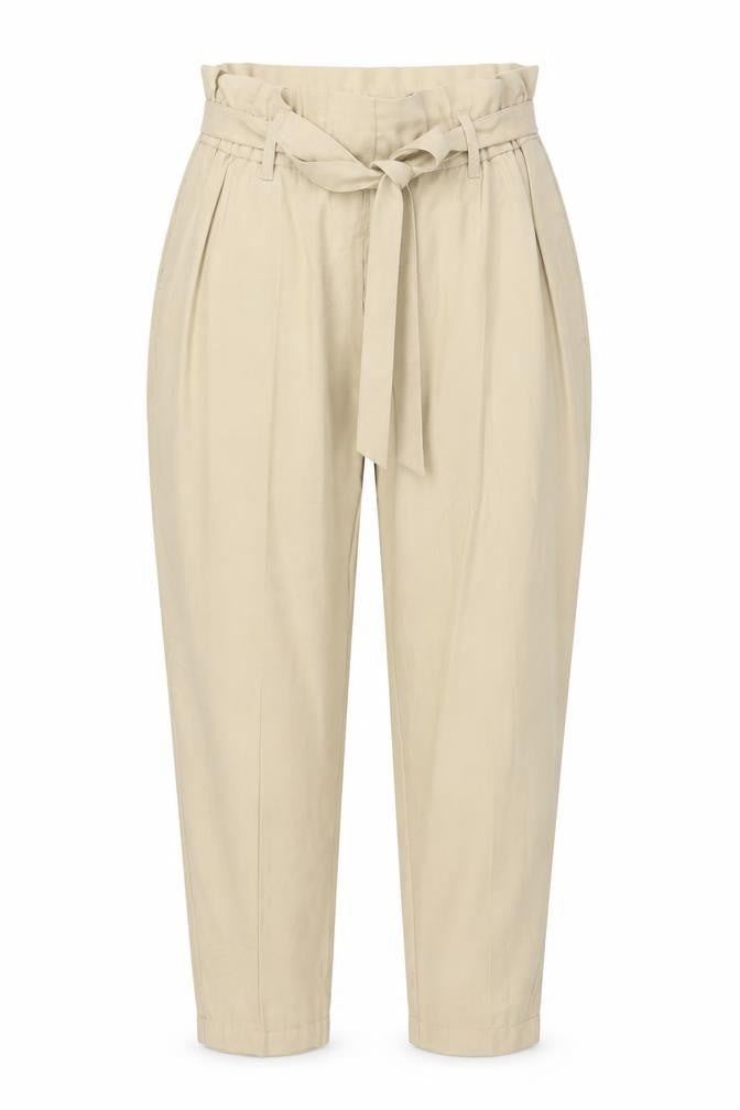 Front view of H&M women’s beige viscose carrot trousers, size S, 26-inch leg regular button