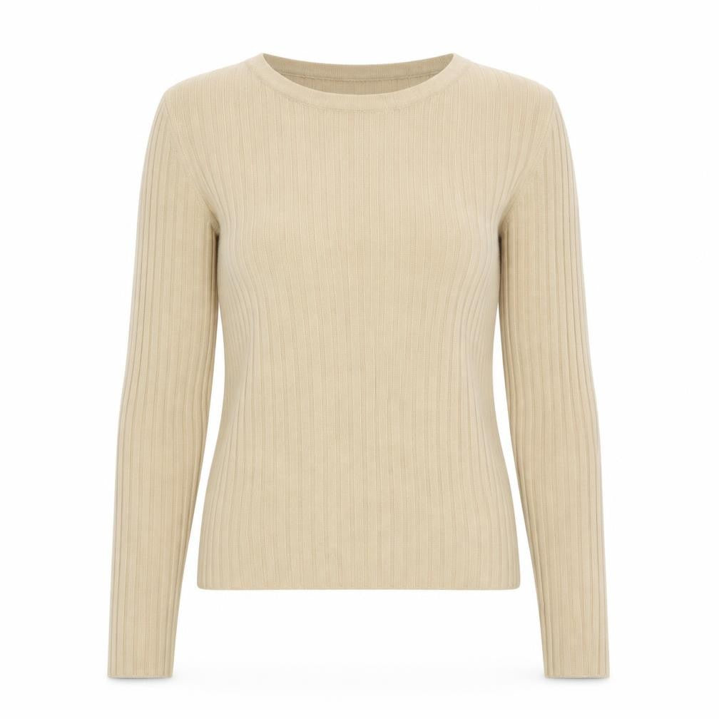 Front view of Editions women’s beige round neck acrylic jumper, size UK 10, -, size UK 10-12