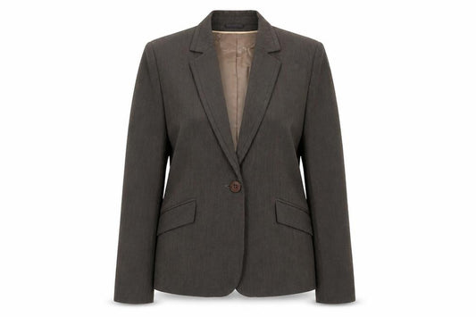 Front view of Autonomy women’s brown striped polyester jacket suit, size UK 16