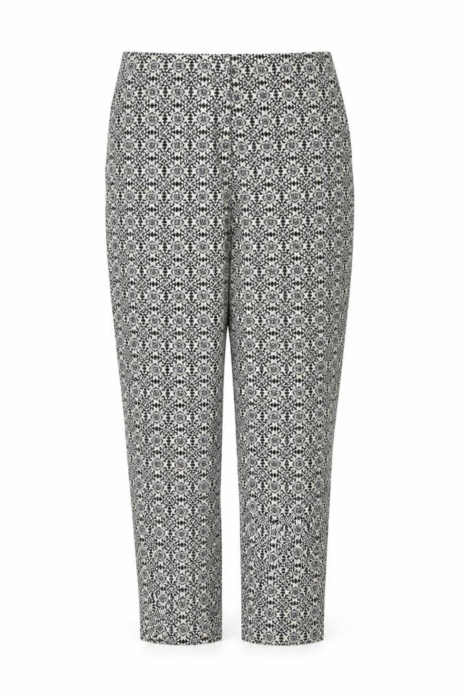 Front view of H&M women’s black geometric cotton trousers, size UK 10, 25-inch leg regular button