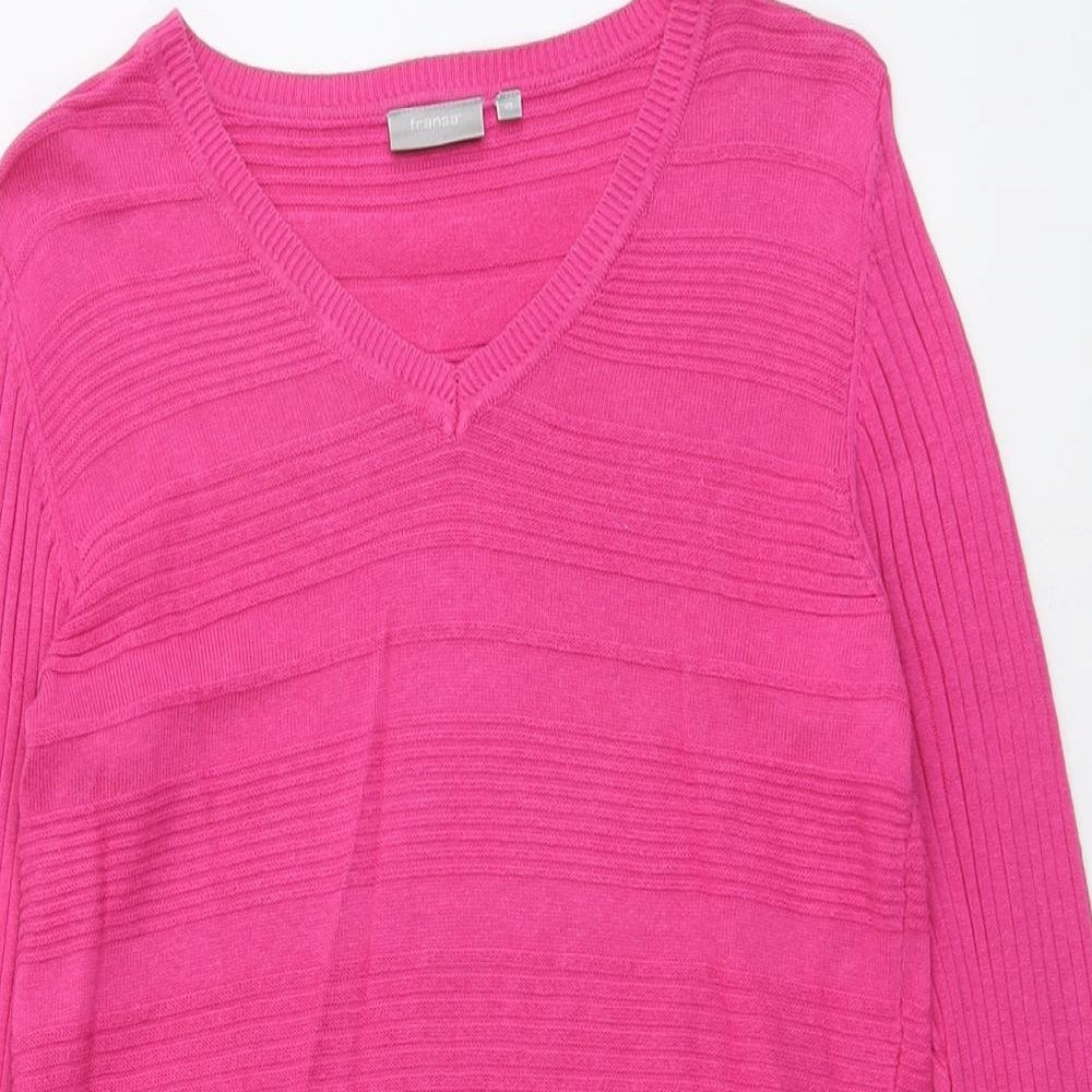 Fransa Womens Pink V-Neck Cotton Pullover Jumper Size XS - Textured