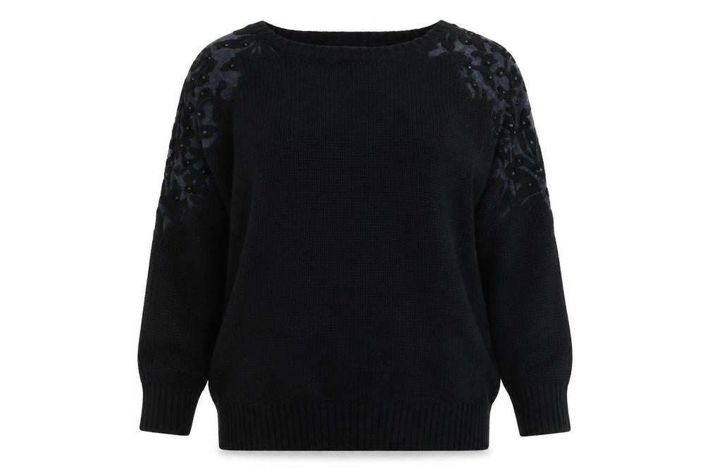 Front view of Day&Night women’s black round neck geometric acrylic jumper, size M