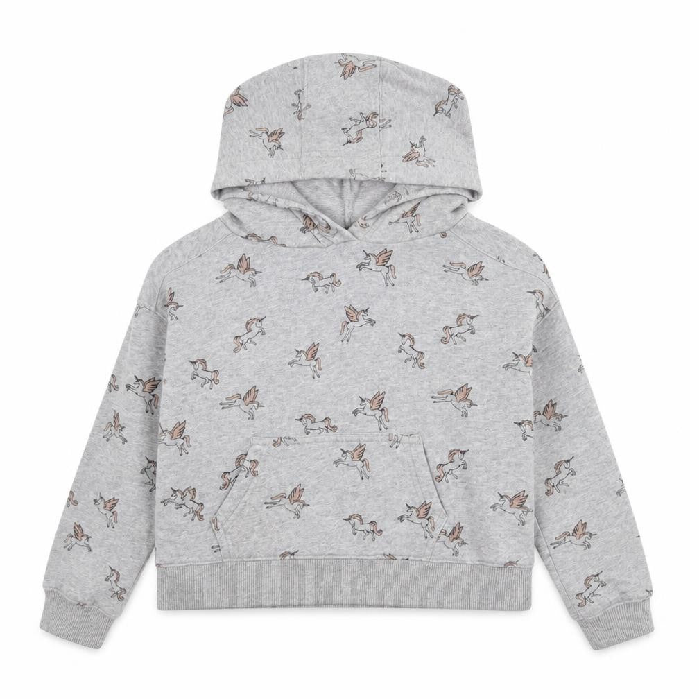 Front view of Next girls’ grey geometric cotton pullover hoodie, size 8, years pullover - unicorn print