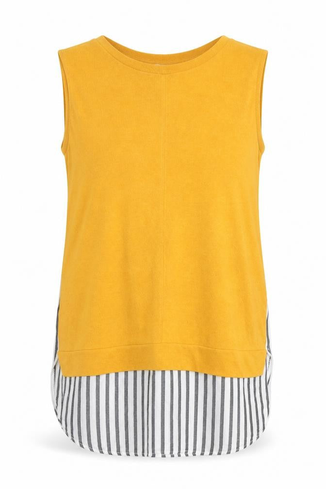 Front view of River Island women’s yellow striped cotton basic tank, size UK 8, round neck