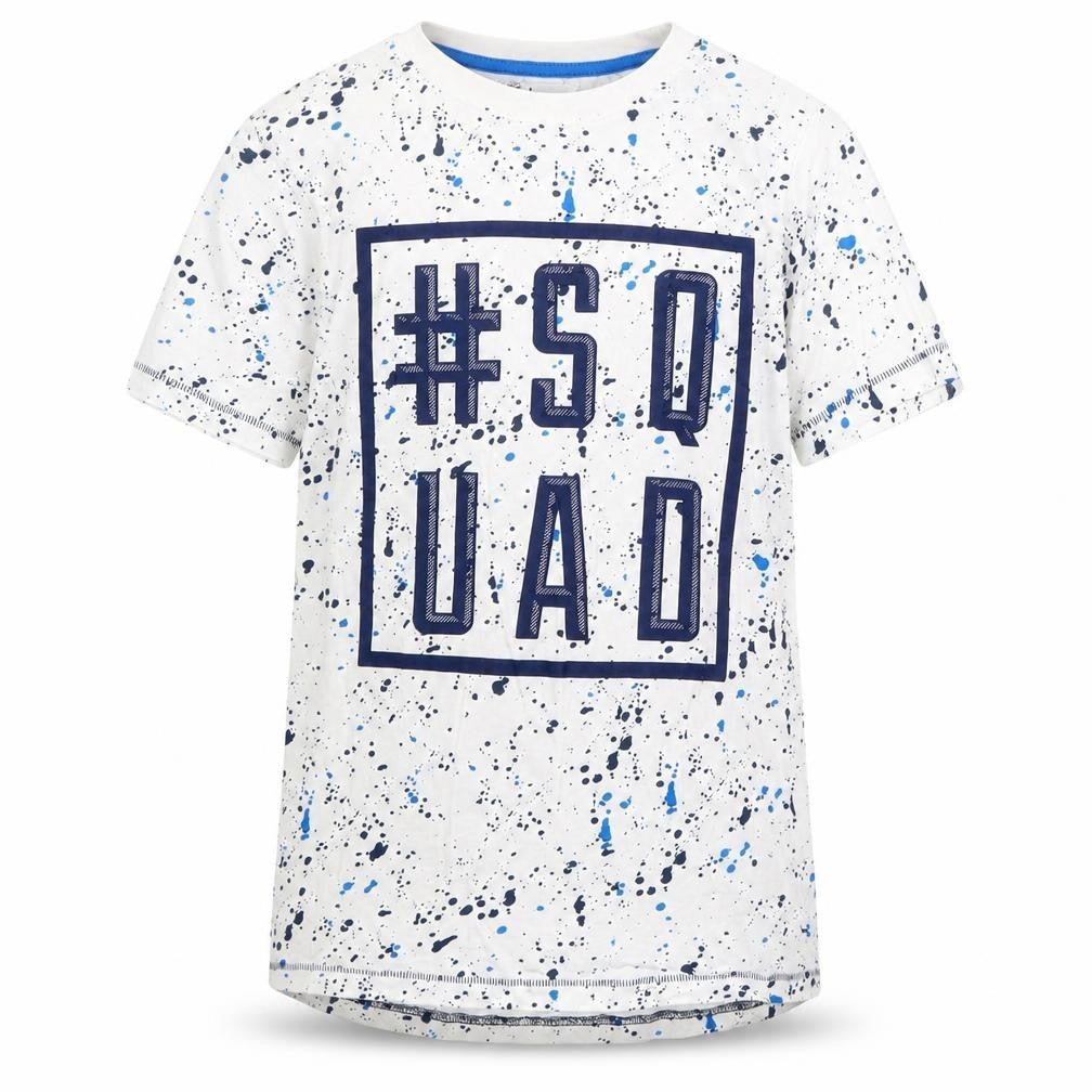 Front view of M&Co boys’ white geometric 100% cotton pullover t-shirt, size 9-10, years crew neck pullover - squad