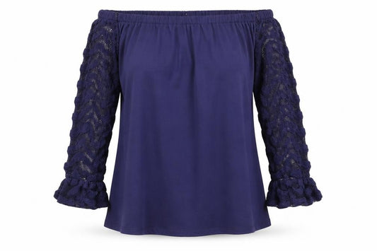 Front view of Celmia women’s blue polyester basic blouse, size M, off the shoulder