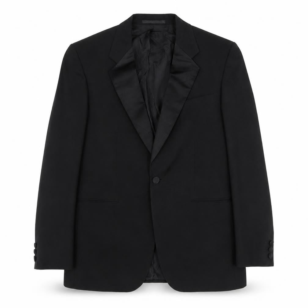 Front view of Simon men’s black wool tuxedo suit jacket, size 40, regular