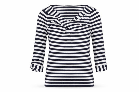 Front view of Principles women’s blue v-neck striped viscose jumper, size UK 10