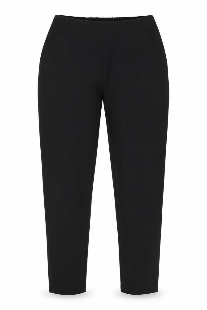 Front view of ASOS women’s black polyester carrot trousers, size UK 10, regular