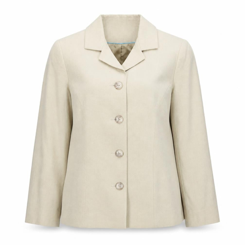 Front view of BHS women’s beige jacket, size UK 8, buckle