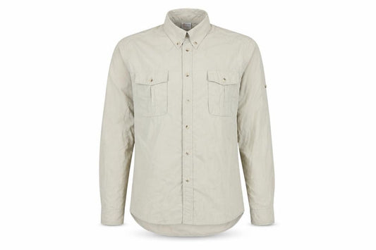 Front view of Crane Sports women’s beige polyamide basic button-up, size S, collared