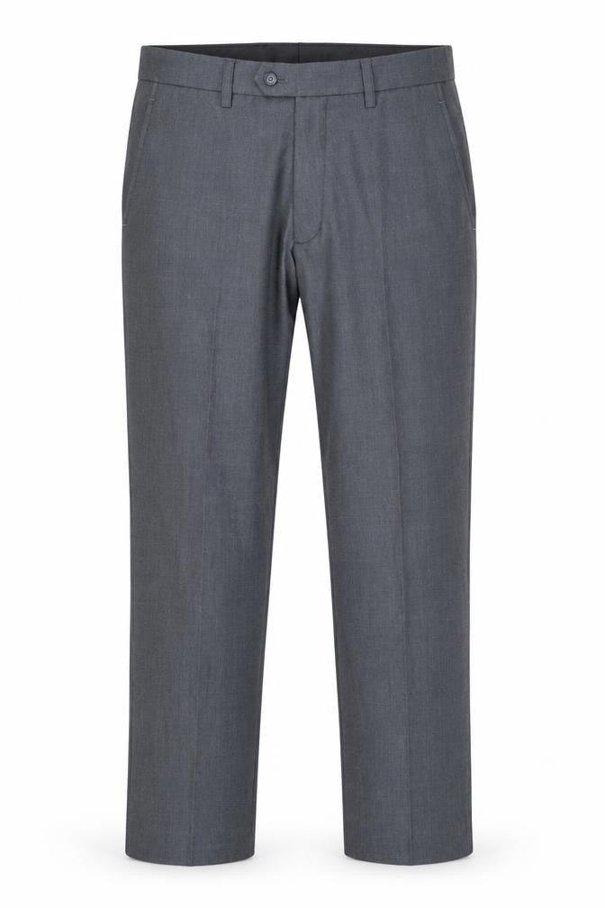 Front view of TL men’s grey polyester dress pants trousers, size 32, in regular zip