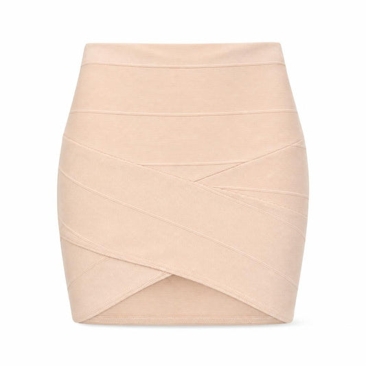 Front view of Missguided women’s pink polyester bandage skirt, size UK 4