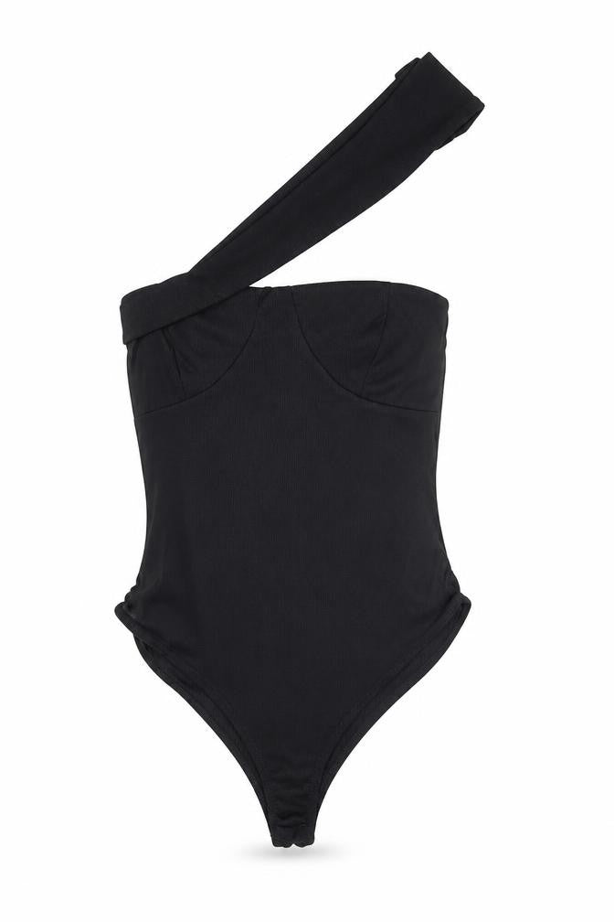 Front view of PRETTYLITTLETHING women’s black polyester bodysuit one-piece, size UK 10, pullover