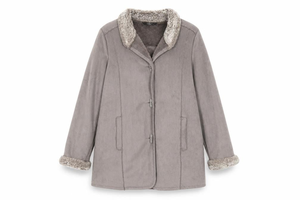 Front view of Bonmarché women’s grey jacket, size UK 14, toggle