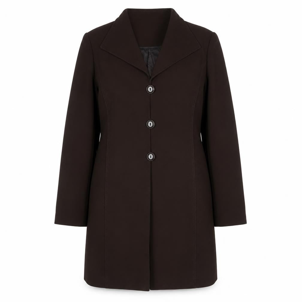 Front view of ELVI women’s brown overcoat coat, size UK 16, button