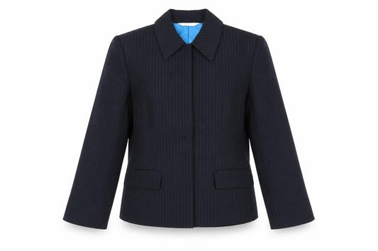 Front view of Next women’s blue striped polyester jacket suit jacket, size UK 10