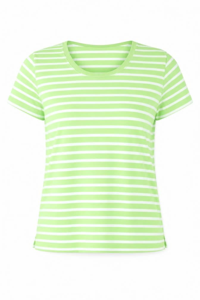 Front view of //text.. women’s green striped polyester basic t-shirt, size L, round neck