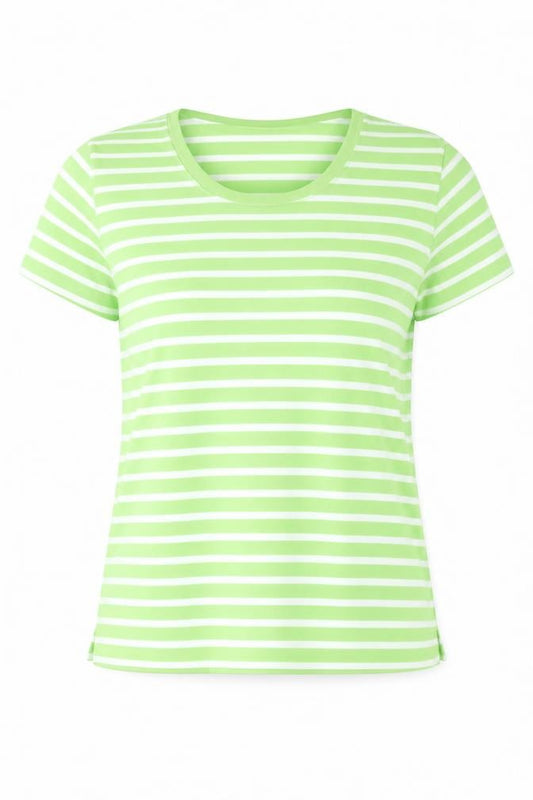 Front view of //text.. women’s green striped polyester basic t-shirt, size L, round neck