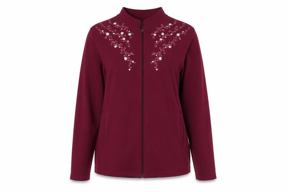Front view of Classics Elements women’s purple jacket, size UK 16, zip - flower detail