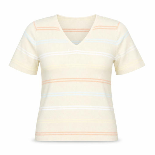 Front view of BHS women’s beige v-neck striped cotton jumper, size UK 14