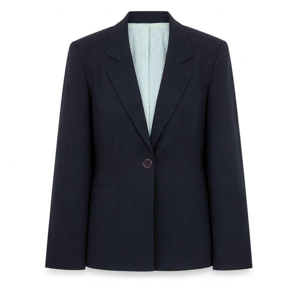 Front view of BHS women’s blue polyester jacket suit jacket, size UK 14