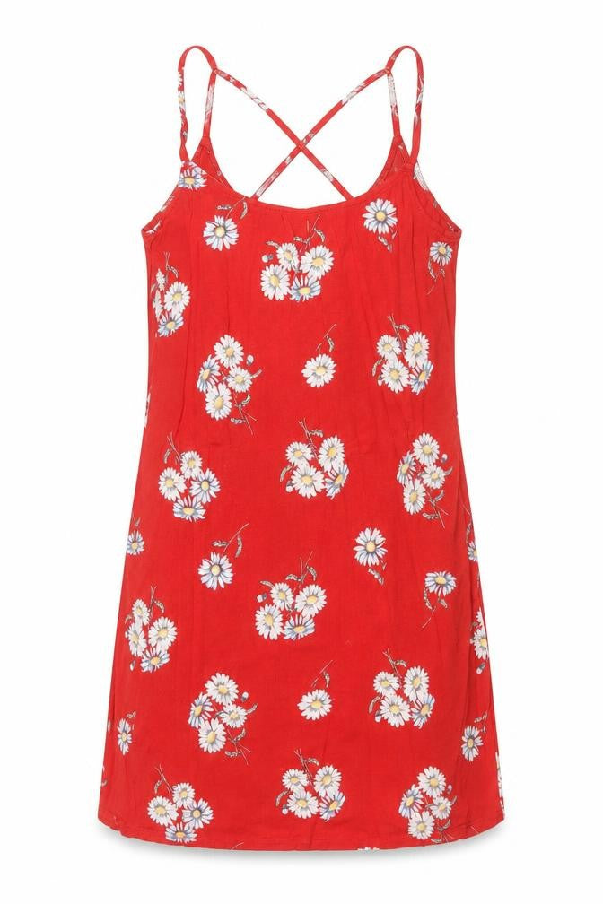 Front view of H&M women’s red floral viscose mini, size UK 6, scoop neck pullover