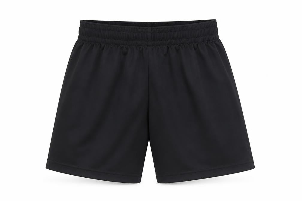 Front view of Prostar boys’ black polyester sweat shorts, size 10-11, years regular drawstring