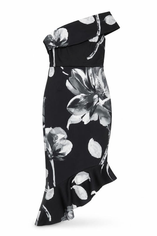 Front view of ASOS women’s black floral polyester bodycon, size UK 4, one shoulder zip