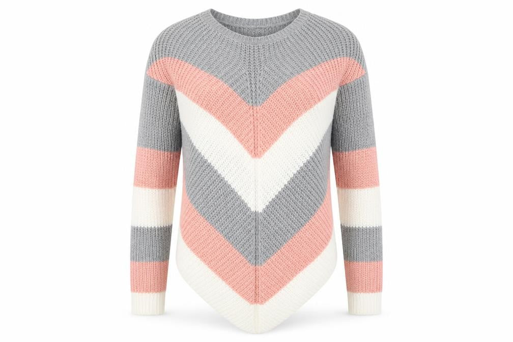 Front view of Select women’s grey round neck striped acrylic jumper, size S