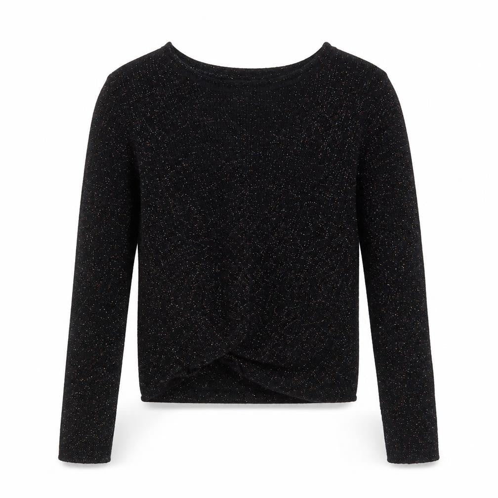 Front view of Next girls’ black boat neck viscose jumper, size 6, years pullover - twist detail