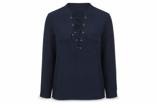 Front view of H&M women’s blue polyester basic blouse, size UK 4, round neck