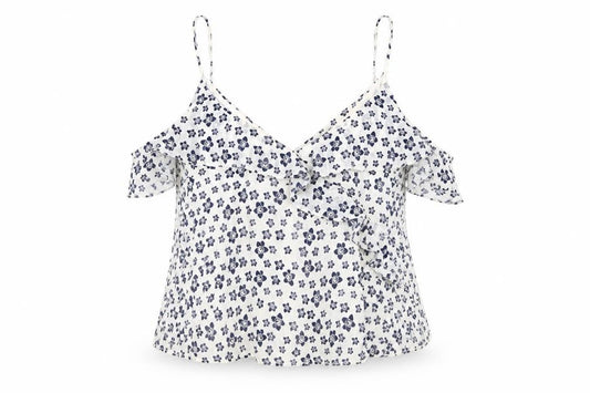 Front view of Topshop women’s white floral polyester camisole tank, size UK 14, v-neck