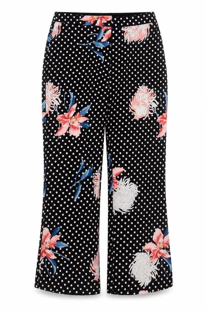 Front view of Topshop women’s black floral polyester trousers, size UK 10, regular hook & eye